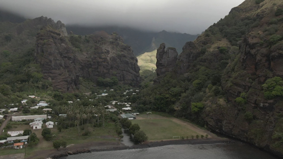 Aerial drone view of Fatu Hiva, bay of Hanavave, Marquesas islands, Polynesia, 2K7