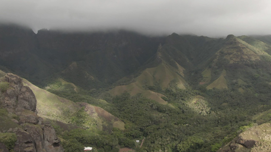 Aerial drone view of Fatu Hiva, Mountains of Hanavave, Marquesas islands, Polynesia, 2K7