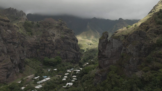 Aerial drone view of Fatu Hiva, Omoa valley, Marquesas islands, Polynesia, 2K7