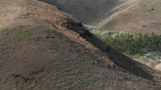 Aerial drone shot of two horse riders on the hills of Tahuata, Marquesas islands, French Polynesia, 2K7