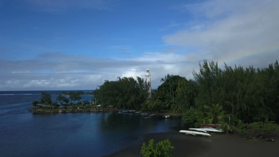 Aerial drone view of Tahiti, lighthouse of Pointe Venus, French Polynesia