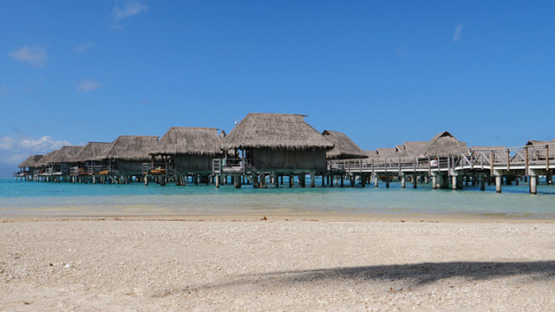 Overwater bungalows of a luxury hotel in the lagoon of Moorea, French Polynesia, 4K UHD