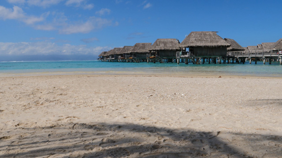 Overwater bungalows of a luxury hotel in the lagoon of Moorea, French Polynesia, 4K UHD