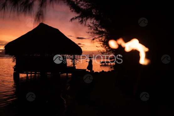 BORA BORA, SUNSET on overwater bungalow in the lagoon