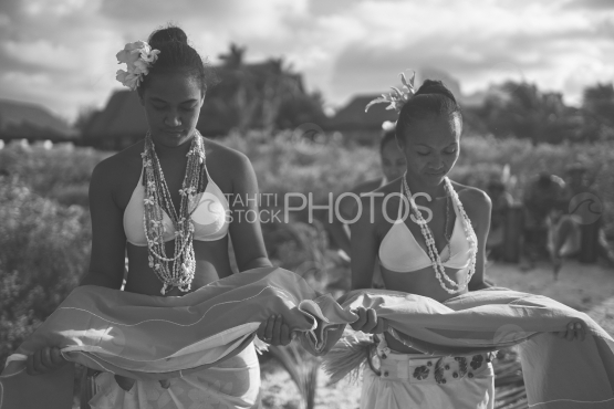 Bora Bora, polynesian women with traditional costume during wedding, black and white