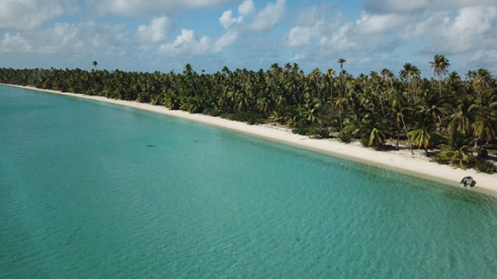Aerial view by drone of atoll and white sand beach and lagoon, 4K UHD