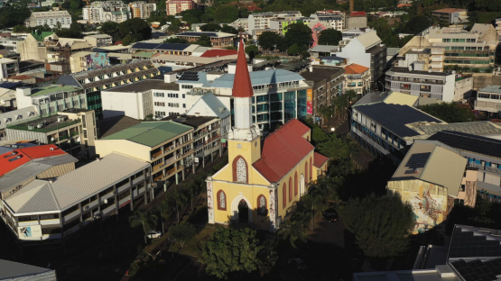 Cathedral of Papeete at the end of the day, Tahiti, 4K UHD aerial view