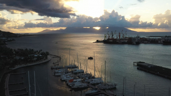 Aerial view of Papeete harbour at the sunset, Tahiti, 4K UHD