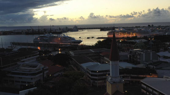 Aerial drone shot over the Cathedral of Papeete at the dawn, Tahiti, 4K UHD aerial view