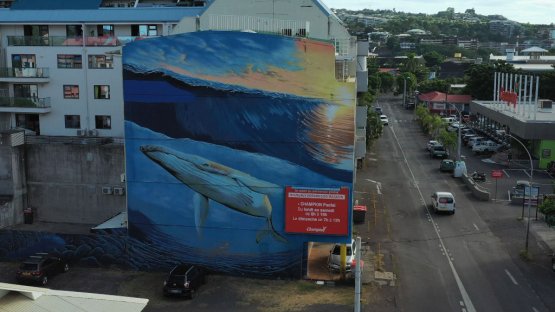 Aerial view of street art, whale painted on the wall, Papeete, Tahiti, 4K UHD