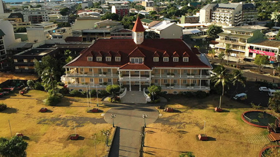 Aerial view of the town hall of Papeete, Tahiti 4K UHD