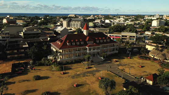 Aerial view of the town hall of Papeete, Tahiti 4K UHD