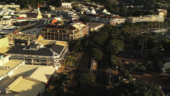 Aerial view of boulevards of Papeete at sunset, Tahiti 4K UHD