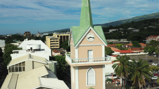 Aerial view of a Church and its bell tower, Tahiti, 4K UHD