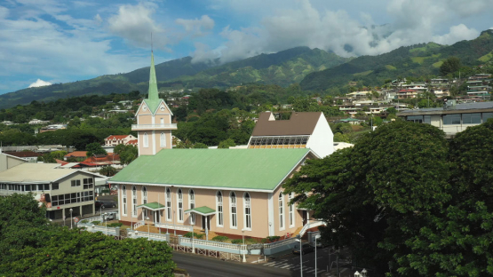 Aerial view of a Church in Papeete at the end of the day, Tahiti, 4K UHD