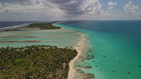 Rangiroa, aerial view of the barrier reef and lagoon, 4K UHD