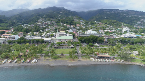 Tahiti, aerial view of Papeete and parc Paofai, 4K UHD