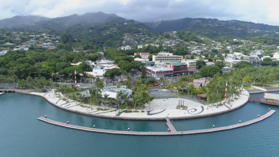 Tahiti, aerial view of Papeete and port, 4K UHD