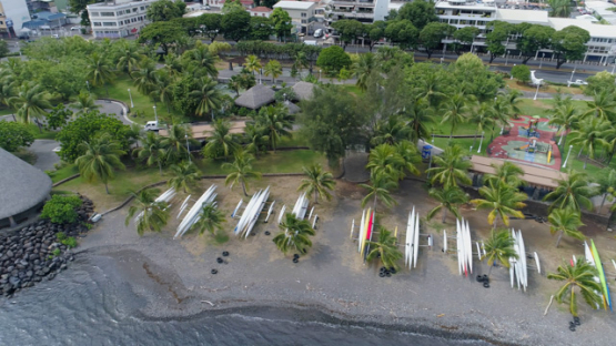 Tahiti, aerial view of Papeete and park Poafai, 4K UHD
