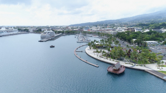 Tahiti, aerial view of avenue and harbour of Papeete, 4K UHD
