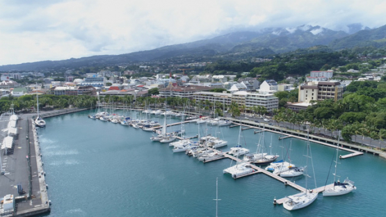 Tahiti, aerial view of Papeete and marina, 4K UHD