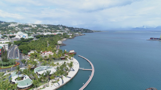 Tahiti, aerial view of Papeete and waterfront, 4K UHD