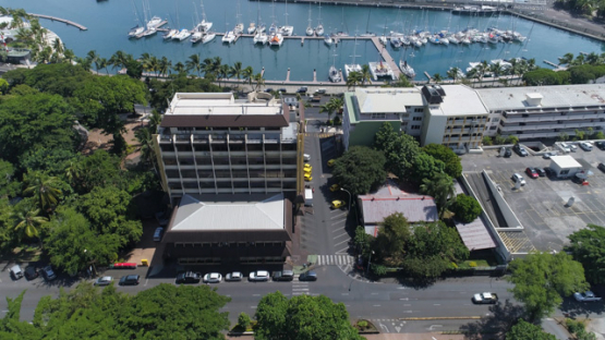 Tahiti, aerial view of Papeete and port, 4K UHD