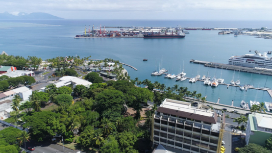Tahiti, panoramic aerial view of Papeete and port, 4K UHD