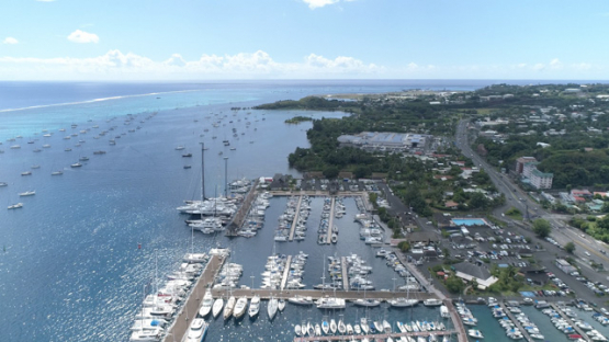 Aerial view of Tahiti, sail boats in the Marina Taina, 4K UHD