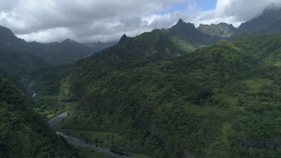 Tahiti, aerial view of Valley of Papenoo and mountains, 4K UHD