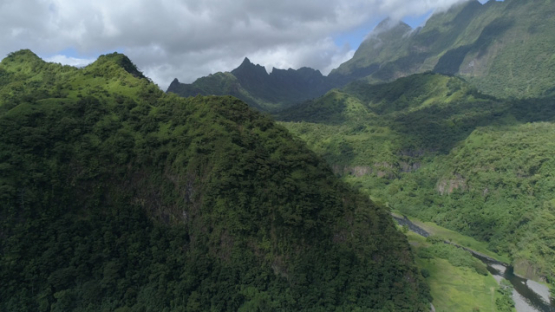 Tahiti, aerial view of Valley of Papenoo and mountains, 4K UHD