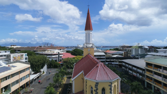 Tahiti, aerial drone shot of the cathedral Notre Dame of Papeete, 4K UHD