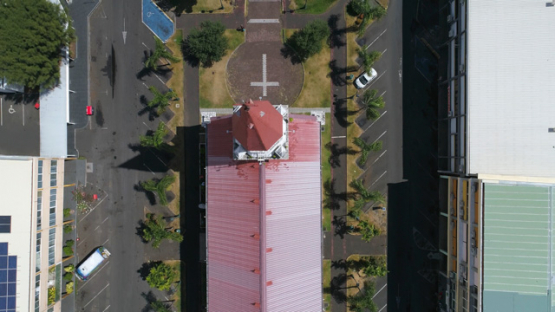 Tahiti, aerial drone shot above the cathedral Notre Dame of Papeete, 4K UHD