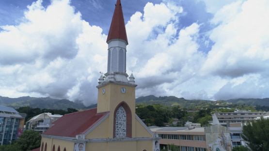 Tahiti, aerial drone shot of the cathedral Notre Dame of Papeete, 4K UHD