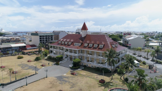 Tahiti, aerial drone shot of the town hall of Papeete, 4K UHD