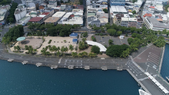 Tahiti, aerial drone shot of  Vaiete square and harbour of Papeete, 4K UHD