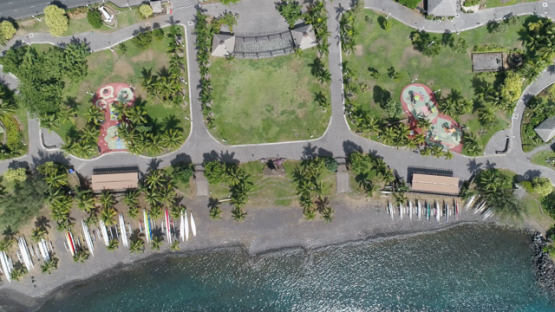 Tahiti, aerial drone shot above Paofai Park and Papeete, 4K UHD