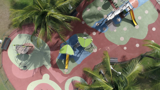 Tahiti, aerial drone shot above Paofai Park and kids garden, 4K UHD