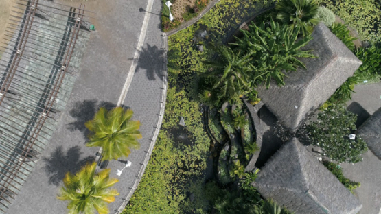 Tahiti, aerial drone shot of the town Papeete above Paofai Park, 4K UHD