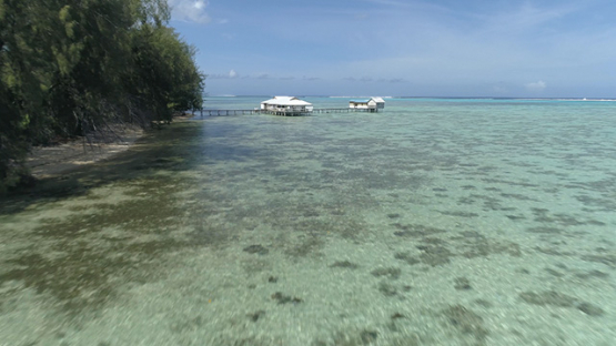 Moorea, aerial view of overwater house in the lagoon, 4K UHD