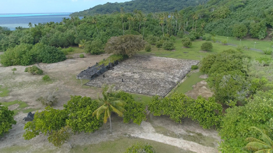 Raiatea, aerial view of the cultural marae Taputapuatea, 4K UHD