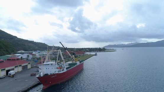 Raiatea, aerial view of a cargo ship moored at the dock, 4K UHD