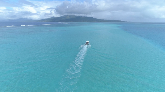 Raiatea, aerial view of a motor boat navigating to the island, 4K UHD