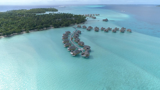 Tahaa, aerial view of a luxury hotel in the lagoon, 4K UHD