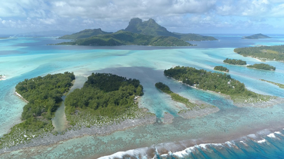 Bora Bora, aerial view of the island and its lagoon, 4K UHD