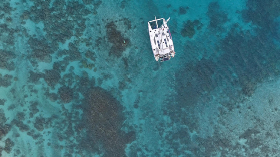 Bora Bora, aerial view above a catamaran navigating in the lagoon, 4K UHD