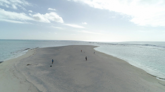 Tubuai, aerial view of tourists walking on the islet Motu Ono, 4K UHD