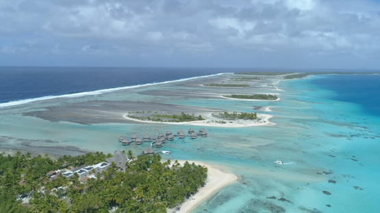 Tikehau, aerial view of a luxury hotel on the barrier reef, 4K UHD