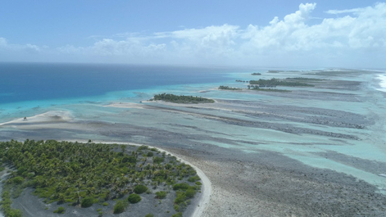 Tikehau, aerial view of the islet of the barrier reef, 4K UHD