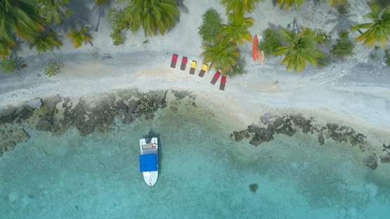 Tikehau, aerial view above a beach and long chairs, 4K UHD